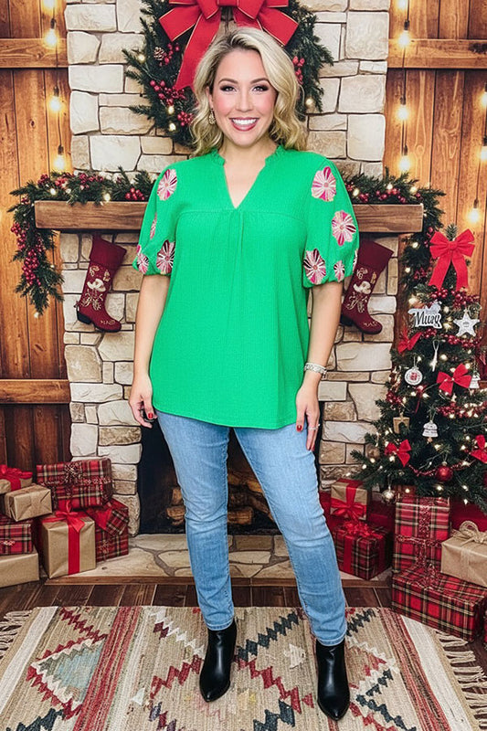 Flower embroidery green crepe fabric lantern short sleeve women top XCH16346