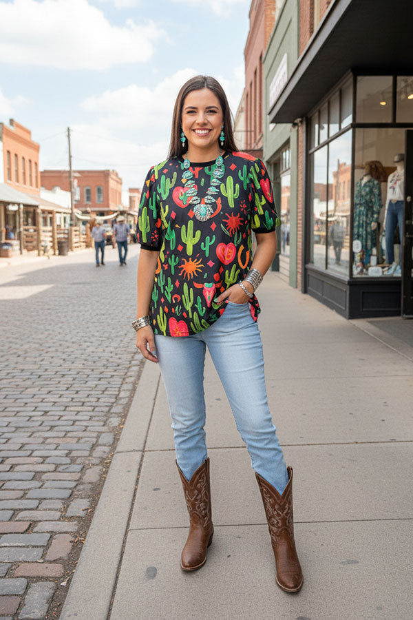 Western cactus printed short sleeve women t-shirt GJQ16614