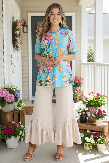 Women's t-shirt wholesaleTurquoise pink & purple floral gold printed short sleeve top GJQ13637