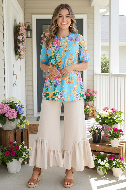 Women's t-shirt wholesaleTurquoise pink & purple floral gold printed short sleeve top GJQ13637