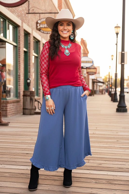 Western red sheer & rhinestone checkered long sleeves women top XCH16872