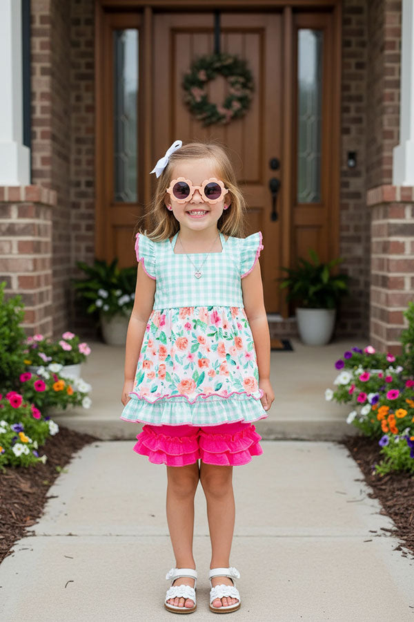 Floral & checker print aqua ruffle 2pc girls sets XCH0666-35