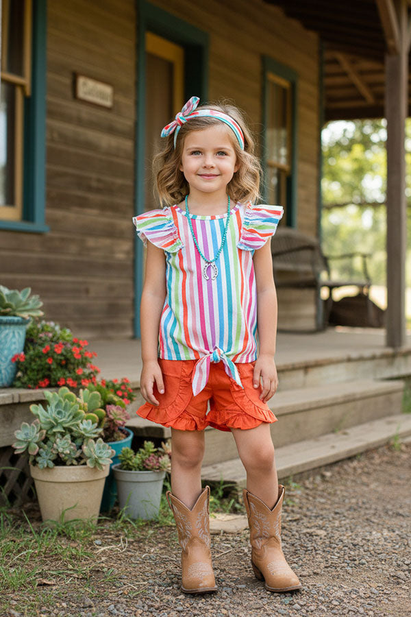 Serape printed flutter sleeves top & orange shorts 2pc girls sets XCH04014