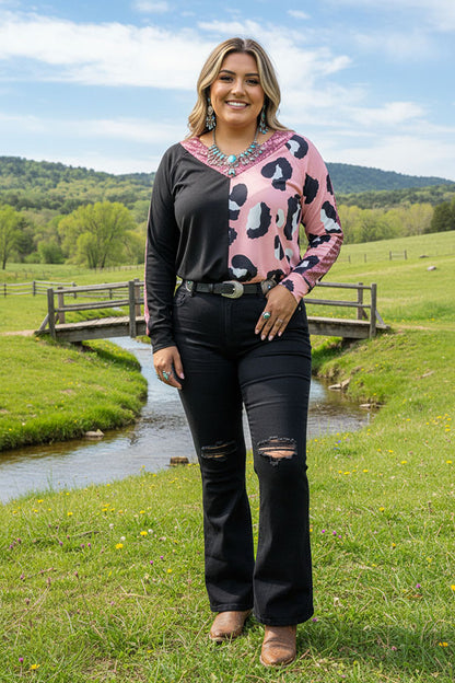 Western Stitch Leopard & black & sequin long sleeve women top XCH14656