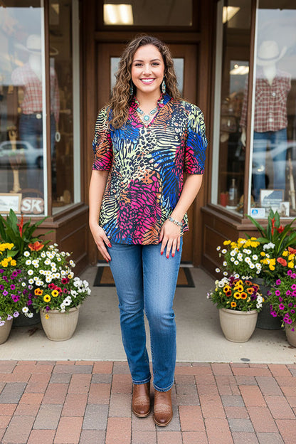 Wholesale Western animal printed color block short sleeve women blouse GJQ16297