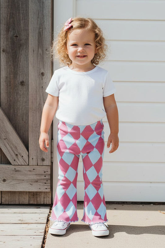 Ribbed knitted fabric pink checkered flare leg girls pant 250947M
