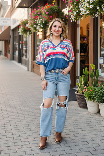 GJQ9673-3 Bull/Aztec Blue printed short sleeve top