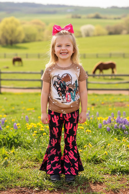 XCH0018-20H LOVE & Riding Printed top & cactus bell bottom western girls sets