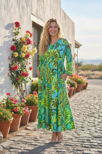 Green & turquoise spring long sleeve maxi women dress GJQ16395