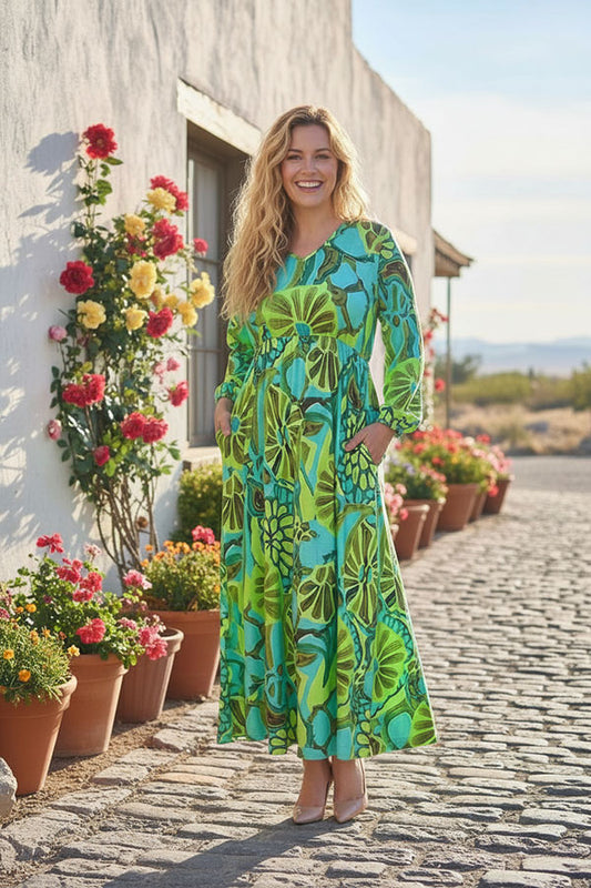 Green & turquoise spring long sleeve maxi women dress GJQ16395
