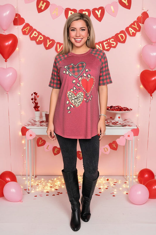 Valentine leopard & checked heart printed short sleeve women t-shirt DLH12349