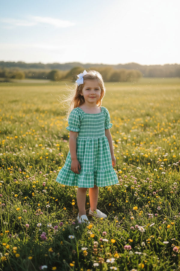 XCH03015 Green plaid gathered & ruffles short sleeve girls dress