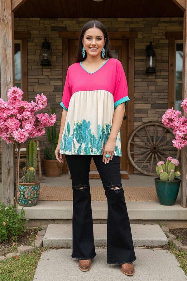 XCH14828 Pink & Cactus printed color block baby doll women blouse