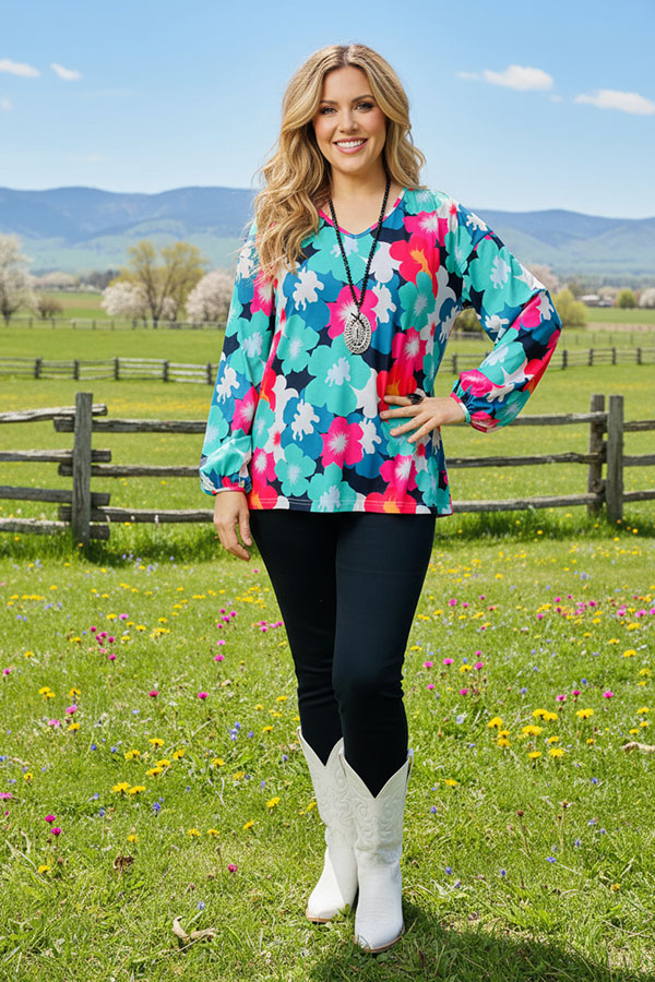 XCH15700 Turquoise/Teal multi color floral printed long sleeve w/elastic cuff women tops