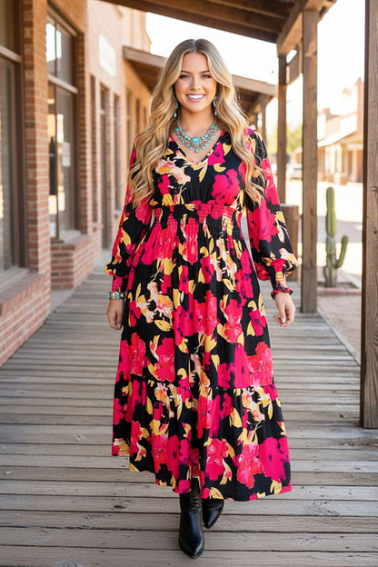 Wholesale Fuchsia floral printed long sleeeve women maix dress with elastic waist GJQ16279