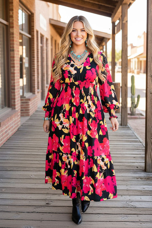 Wholesale Fuchsia floral printed long sleeeve women maix dress with elastic waist GJQ16279