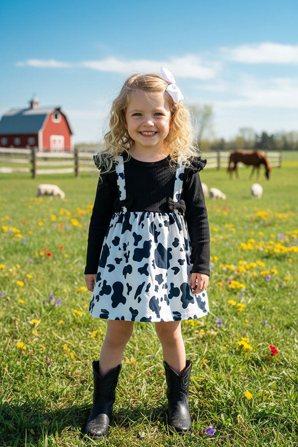 One Piece Ribbed knitted fabric black & cow print long sleeve girls dress with headband DLH2812