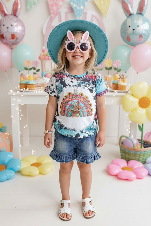 Easter bunny & sunflower printed short sleeve girls t-shirt DLH1212-3