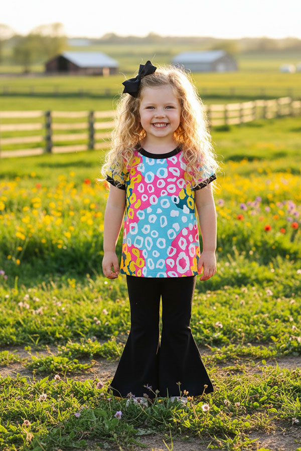 Colorful leopard prints top black bell bottom 2pc girls sets XCH04003
