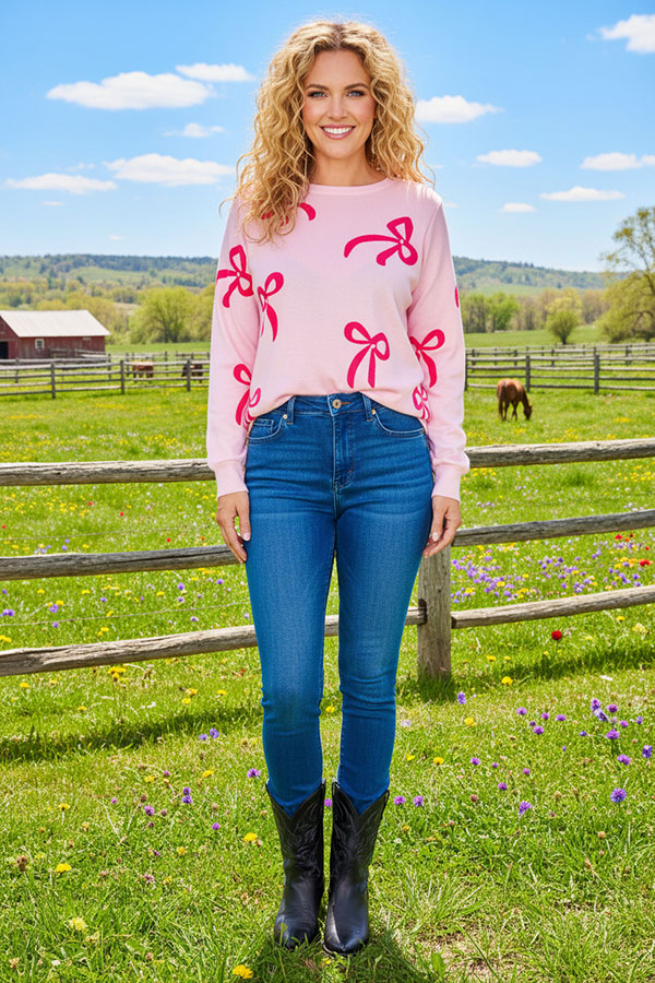 Bows printed & pearls pink long sleeve women shirts XCH16785