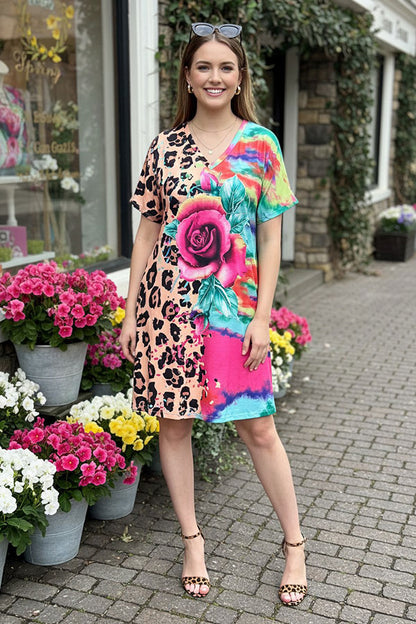 XCH13730 Half leopard & tie dye floral multi color printed short sleeve women dress