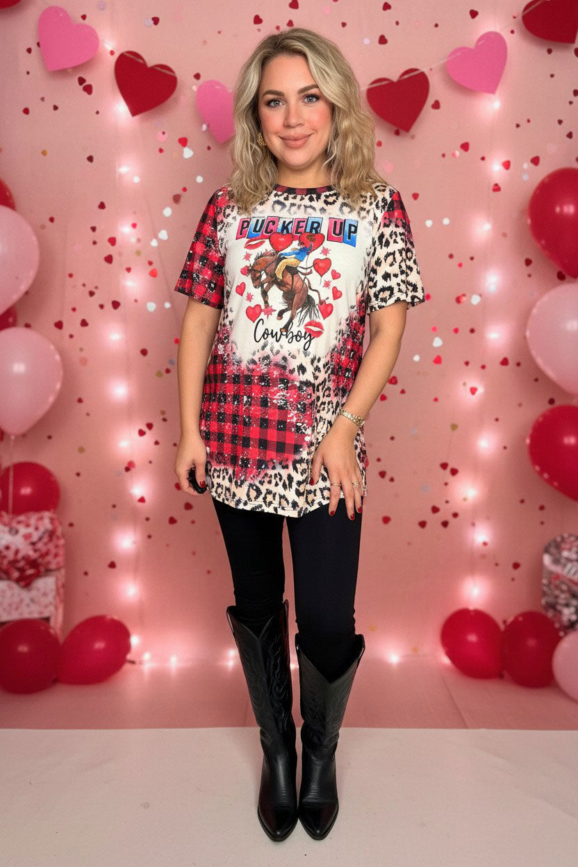PUCKER UP cowboy Valentine's checkered women top XCH14624