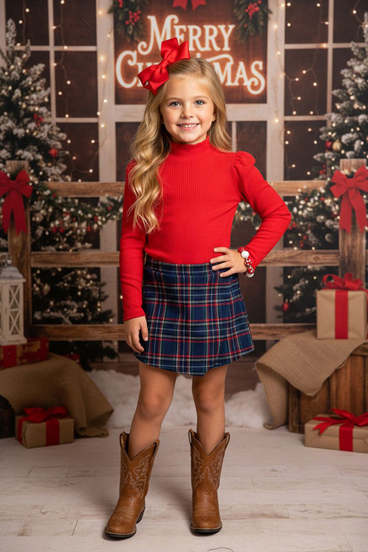 D2701 Red long sleeve top green/blue/red plaid skirt/shorts girls sets