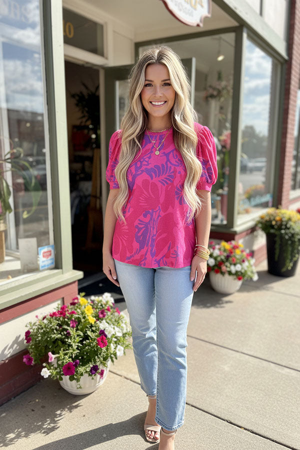 Floral Plus Size Puff Short Sleeve Women Top GJQ16457