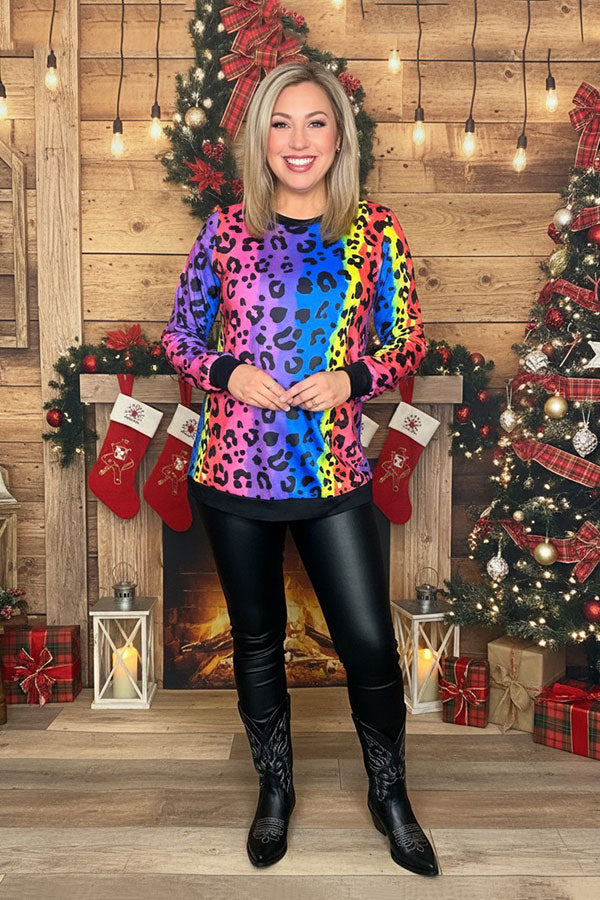 BQ11125 Multi color leopard printed long sleeve top w/black cuff & bottom trim