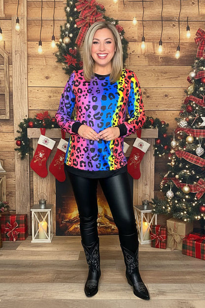 BQ11125 Multi color leopard printed long sleeve top w/black cuff & bottom trim