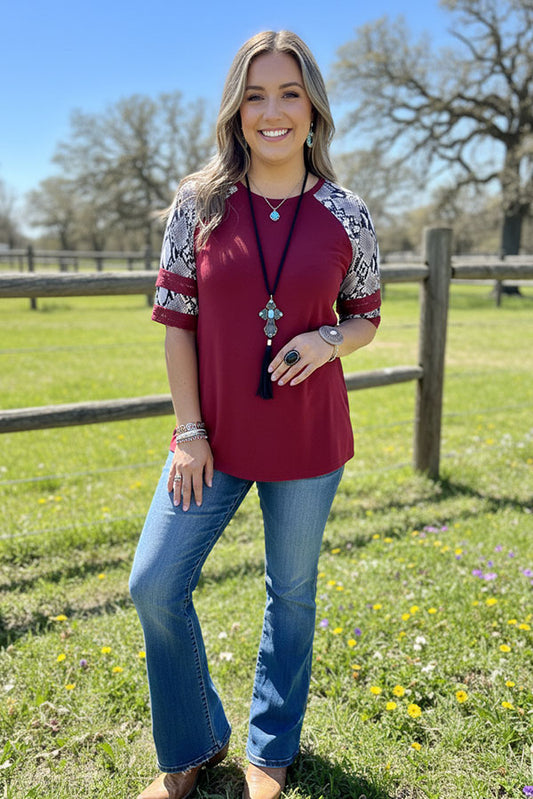 Rust red & snake printed raglan short sleeve women tops GJQ15602
