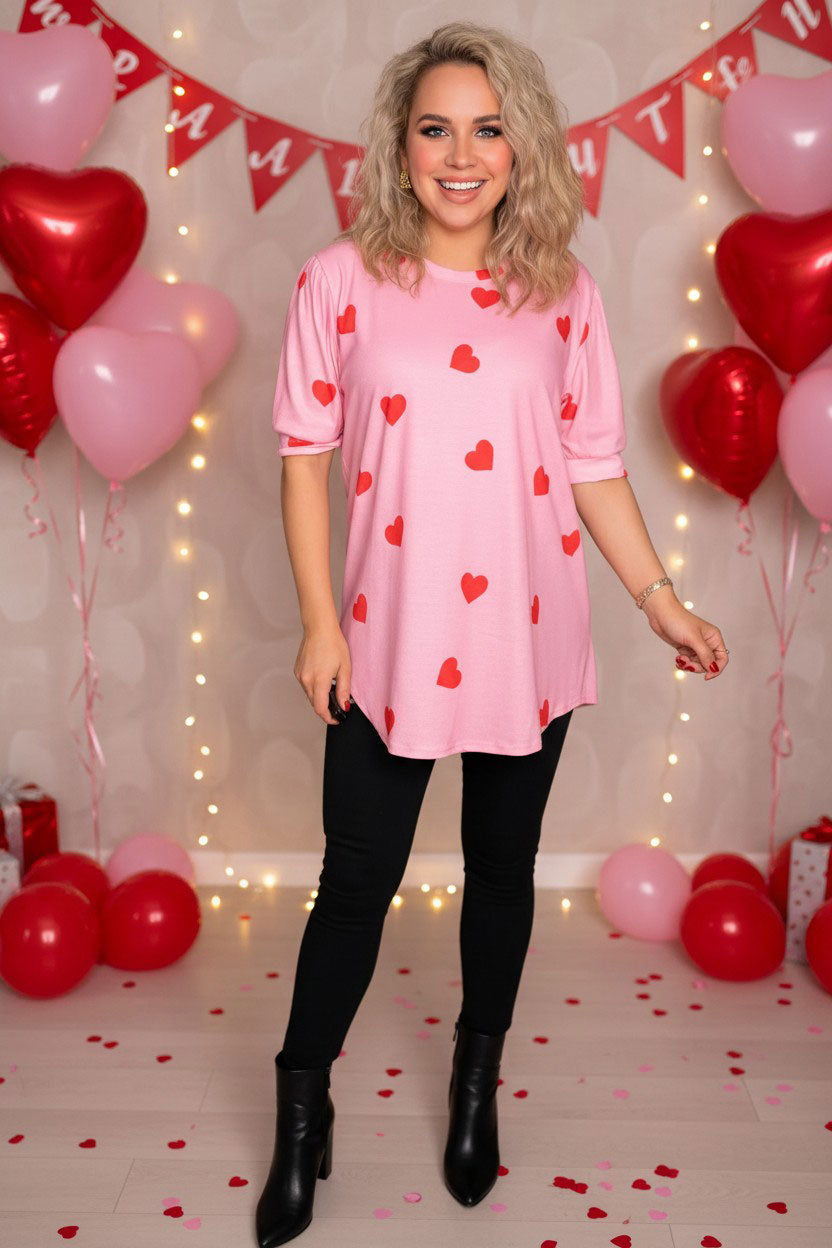 Red hearts printed pink short sleeve women top DLH14693