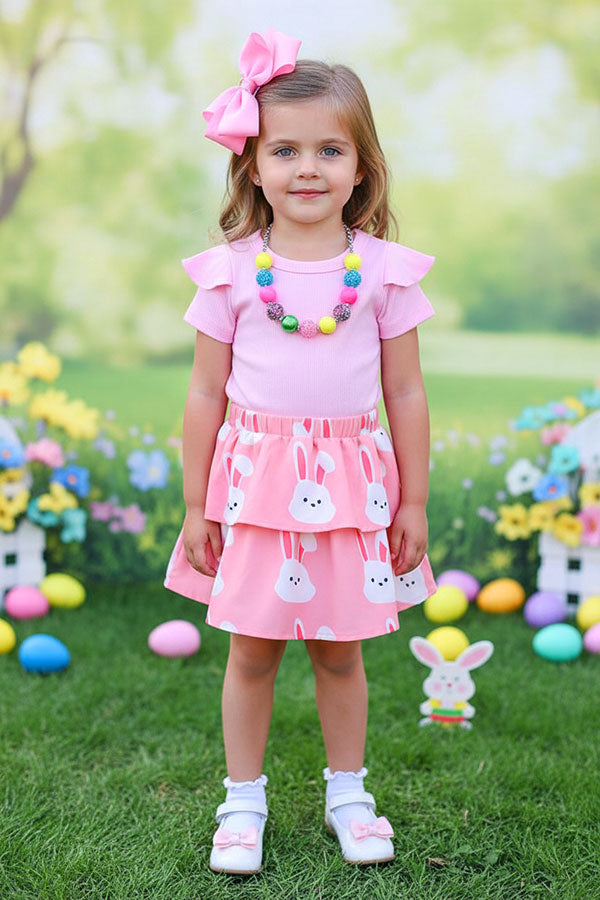 Pink pit cotton top & pink bunny skirts 2pcs easter girls sets XCH04021