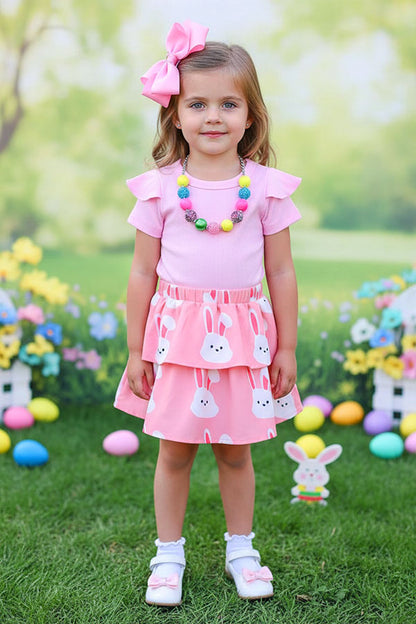 Pink pit cotton top & pink bunny skirts 2pcs easter girls sets XCH04021