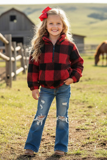 Kids Red/Black plaid sherpa long sleeve pullover w/zipper and pocket DLH2729