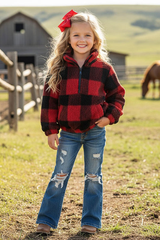 Kids Red/Black plaid sherpa long sleeve pullover w/zipper and pocket DLH2729