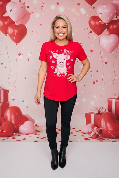 DLH10490 LOVE IS IN THE AIR Red cute pig printed short sleeve women t-shirt