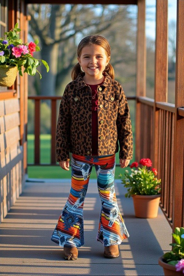 Kids Brown leopard printed long sleeve denim jacket DLH2583