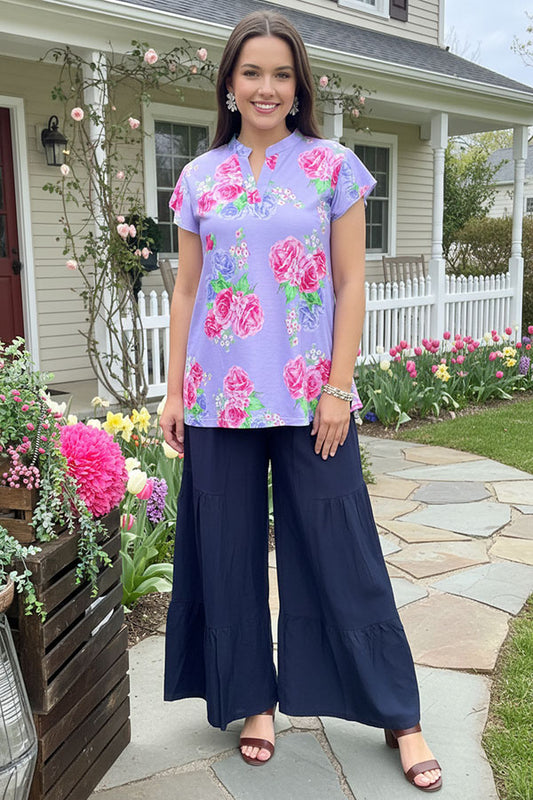 GJQ15842 Fuchsia multi color floral printed V-neckline short sleeve w/ruffle women purple tops