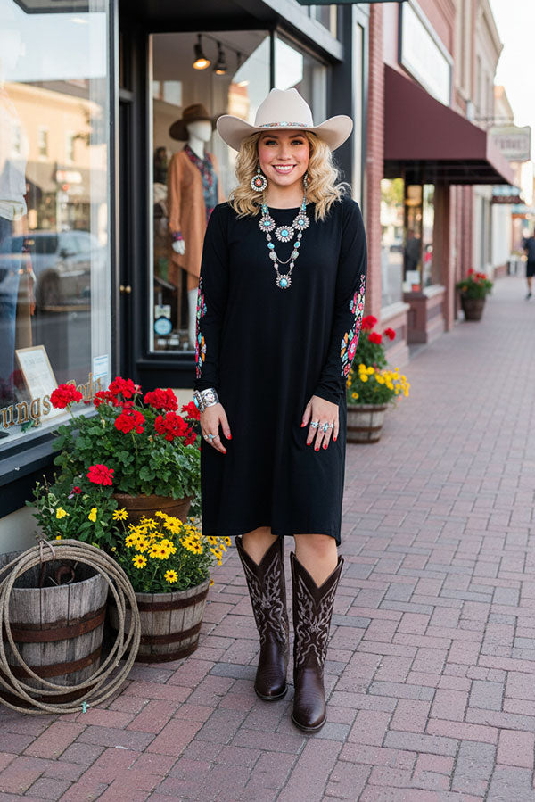 Aztec embroidery long sleeve black women dress w/side pocket BQ15496