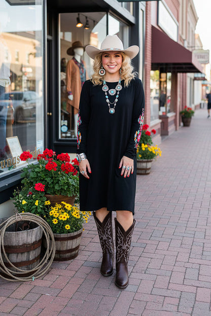 Aztec embroidery long sleeve black women dress w/side pocket BQ15496