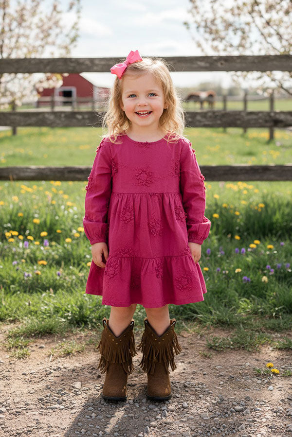 Dusty rose floral embroidery long sleeve girls dress XCH03001