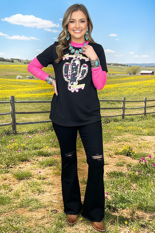 DLH9546 "Howdy Rowdy Honey" Black cactus printed t-shirt