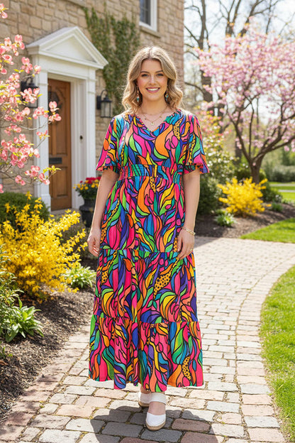 Women's Maxi Dress Rose Abstract Print & Bell sleeves XCH16585