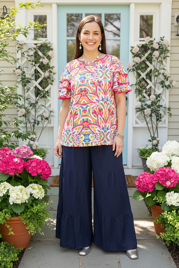 Women's top wholesale Abstract prints & triple ruffle short sleeves XCH16240