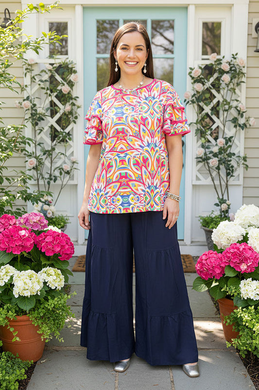 Women's top wholesale Abstract prints & triple ruffle short sleeves XCH16240