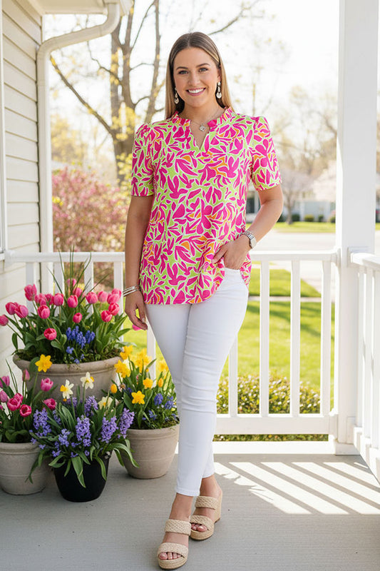 Shop women blouse online Fuchsia & Green patterns printed & puff short sleeves YMY16004