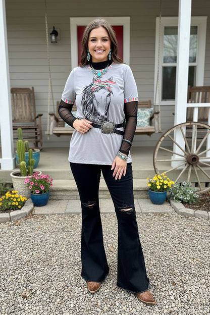 Southern Stitch horse printed grey short sleeve top DLH11778-1