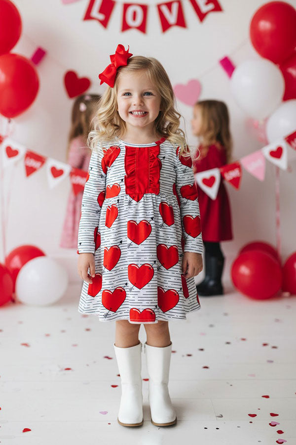 XCH0017-15H Red hearts & stripe printed long sleeve girls dress w/front ruffle
