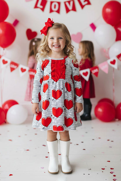 XCH0017-15H Red hearts & stripe printed long sleeve girls dress w/front ruffle